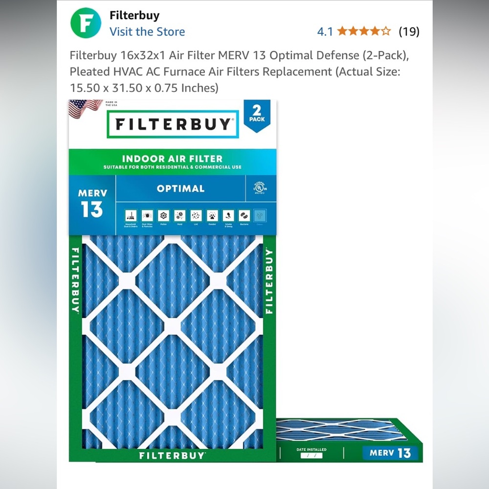 Filterbuy 16x32x1 Air Filter MERV 13 Optimal Defense (2-Pack)